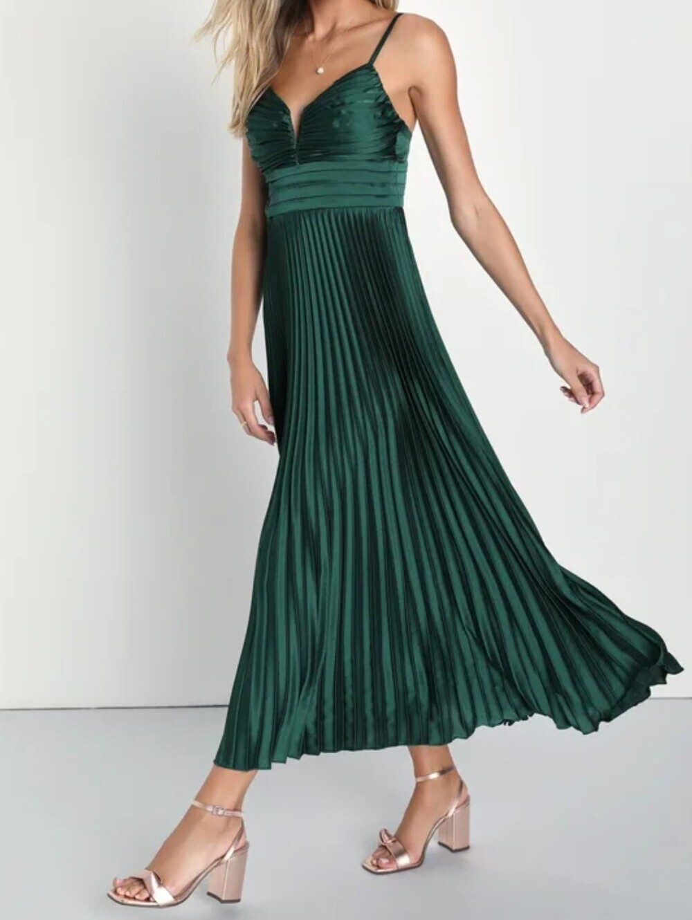 Lulus Fabulous Perfection Emerald Green Satin Pleated Midi Dress - Small - NWT! - Picture 5 of 11